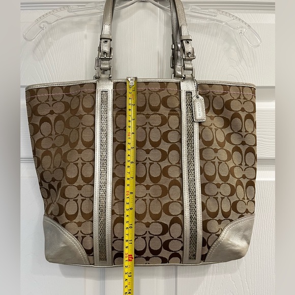 Coach Signature Khaki C Platinum Metallic Trim Beaded Gallery Tote Bag Purse - Picture 8 of 12